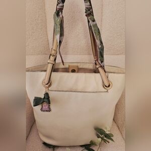 Michael Kors Cream Leather Tote with Green Scarf Handles